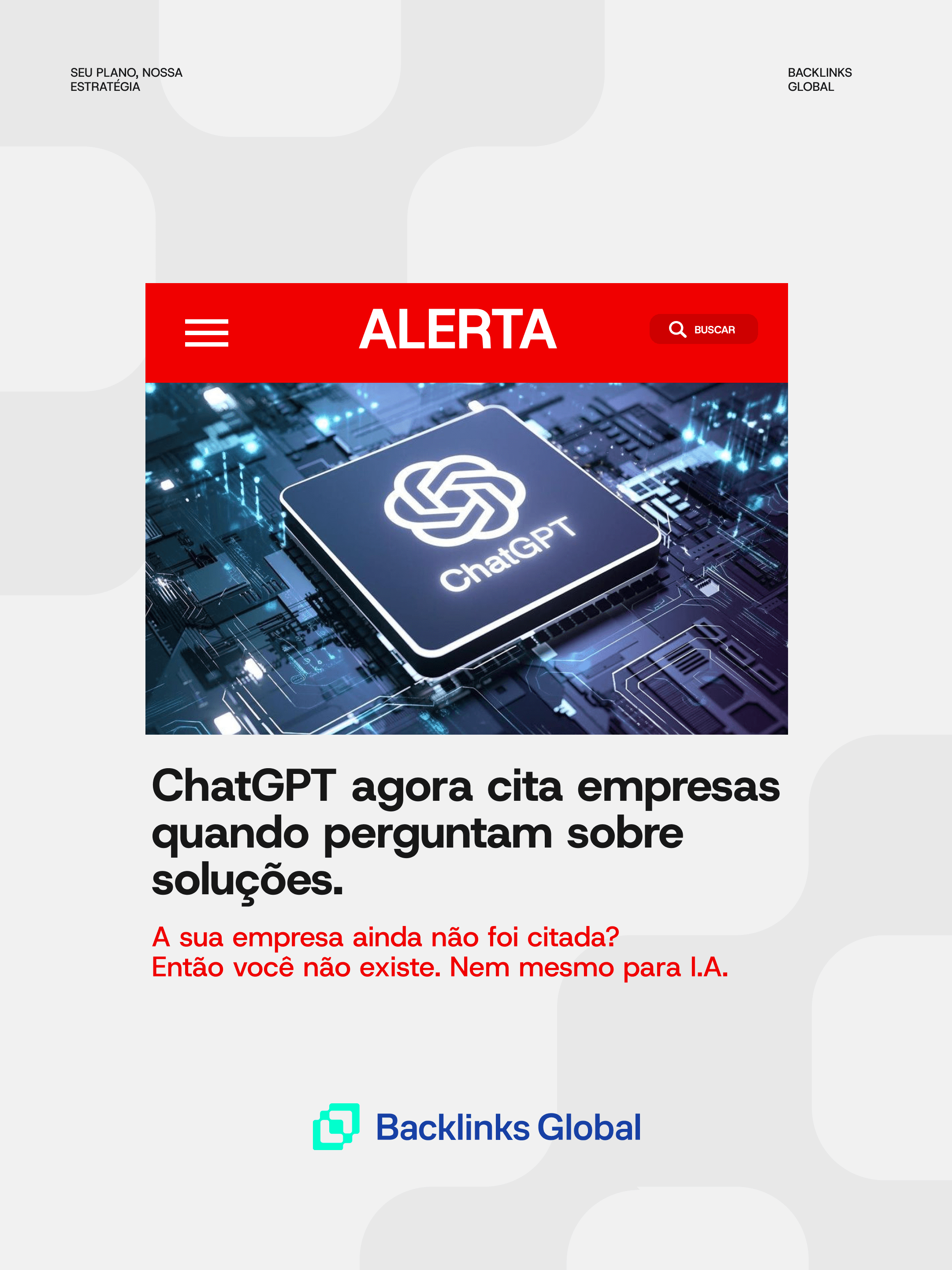 Peça visual Backlinks Global: SEO, GEO e visibilidade em IAs, estratégia de PR e mídia.