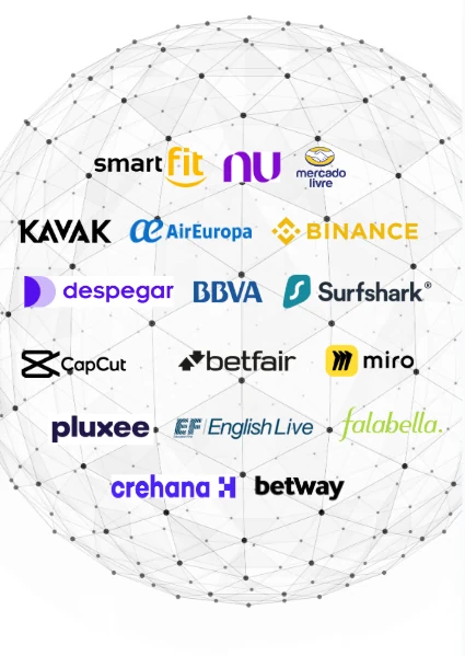 Logos de clientes: Smart Fit, Nubank, Mercado Livre, Kavak, Air Europa, Binance, Despegar, BBVA, Surfshark, CapCut, Betfair, Miro, Pluxee, EF English Live, Falabella, Crehana, Betway