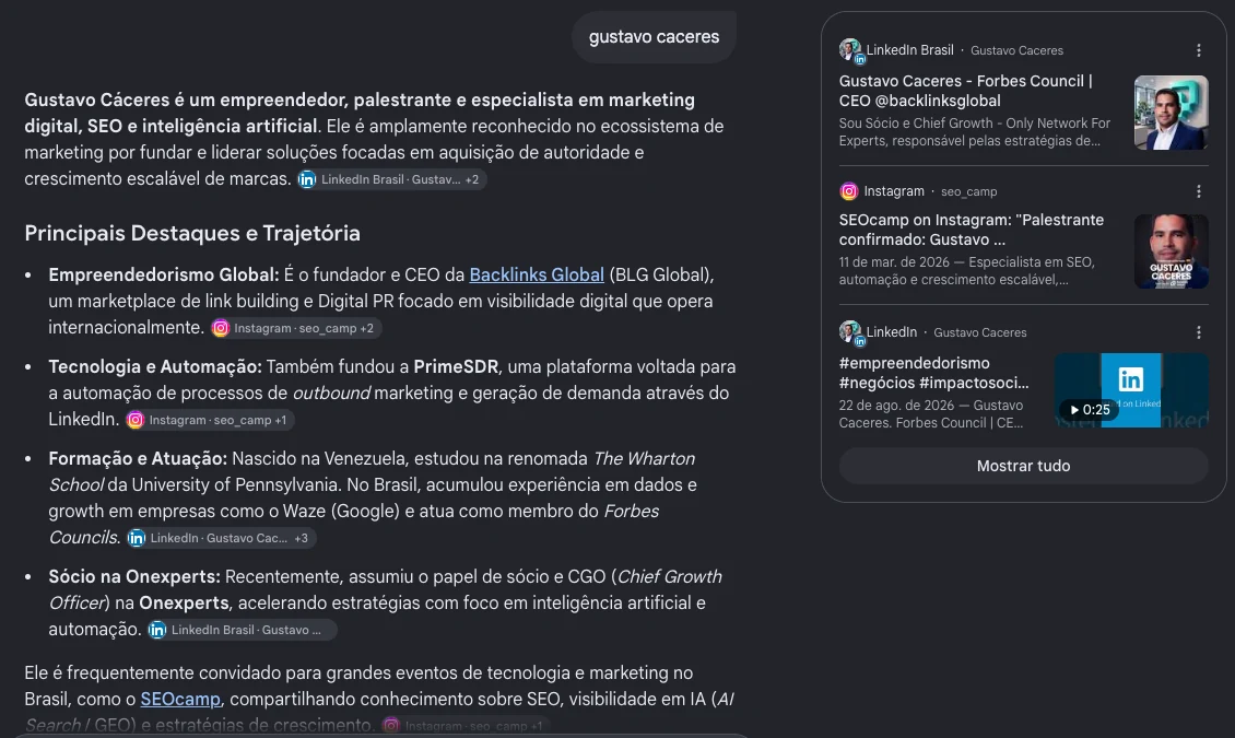 Real Google AI Mode screenshot describing Gustavo Cáceres
